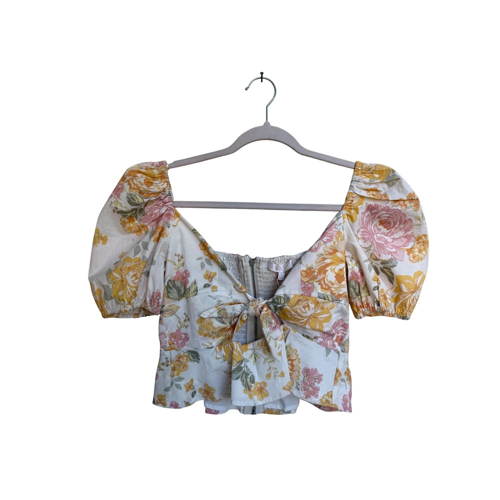 WAYF Garden Roses Floral Puff Sleeve Tie Front Crop Top Yellow Pink Small NEW